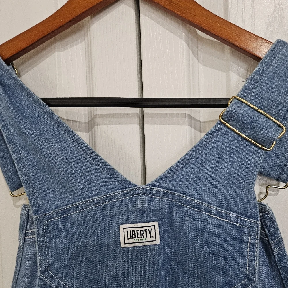 VINTAGE Liberty Blue Denim Short Y2K Overalls with Green Trim XL. - Picture 10 of 12